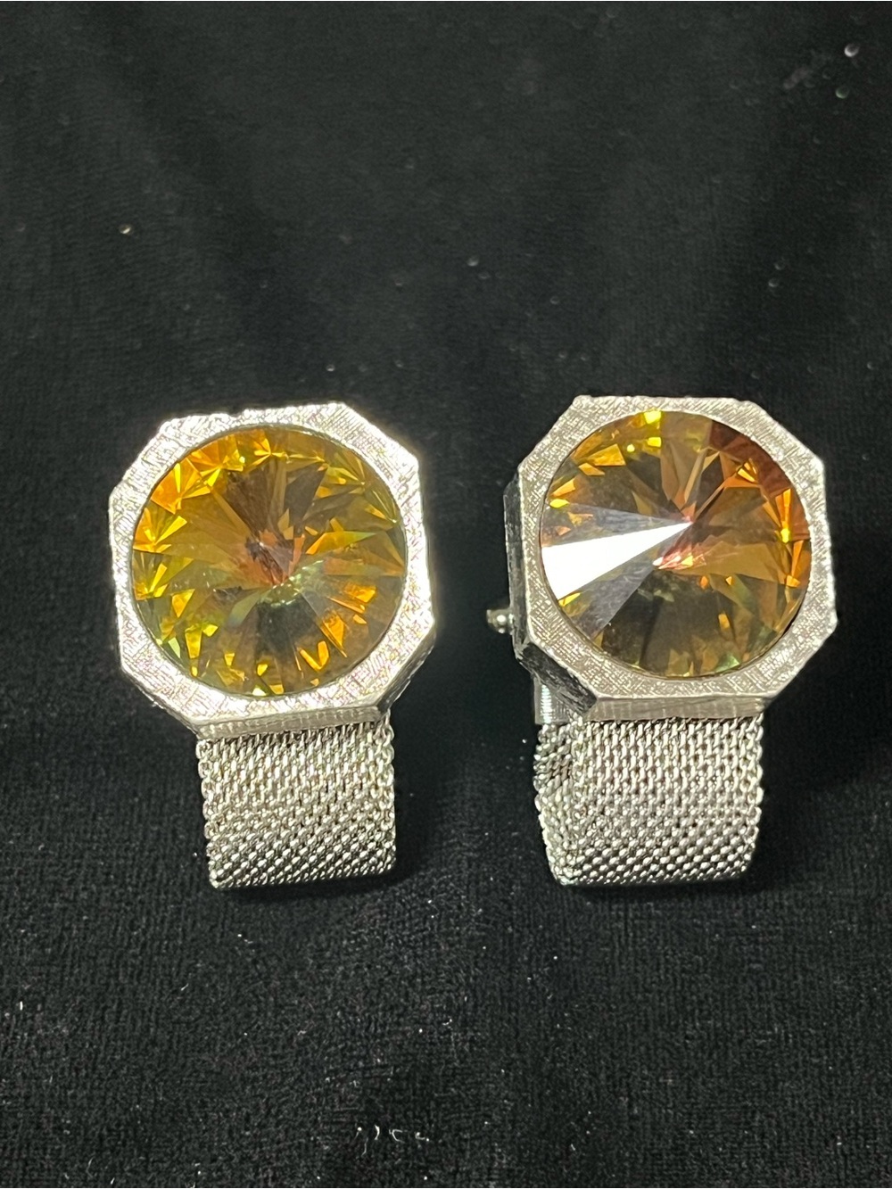 Vintage Silver-Tone mesh wrap Cuff Links with Color Shifting Rivoli Crystal
